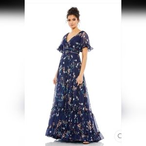 Mac Duggal Flounce Sleeve Floral Maxi Dress in Navy Multi